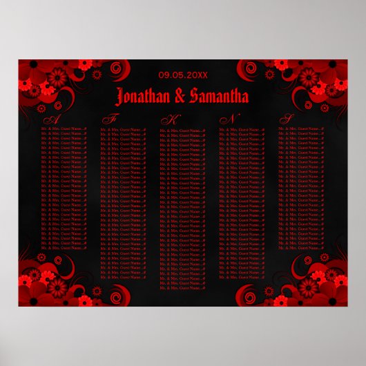 黒と赤のフローラ結婚のテーブル座席表 ポスター (正面)