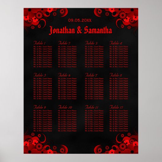 黒と赤のフローラ12結婚のテーブル座席表 ポスター (正面)