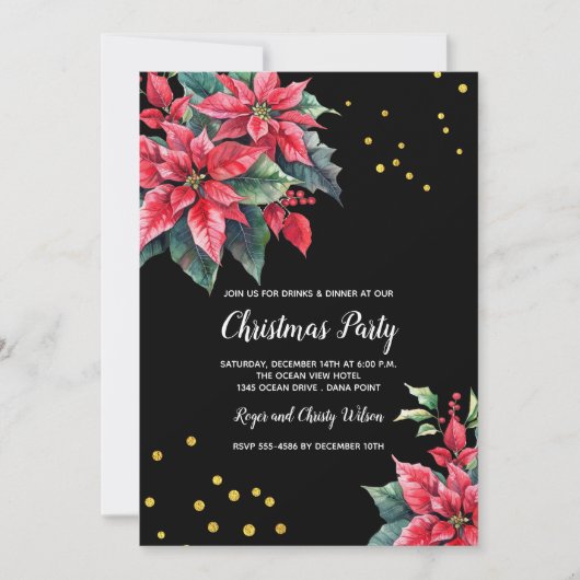 黒と赤のポインセチア花クリスマスパーティー 招待状 (正面)
