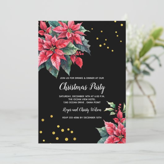 黒と赤のポインセチア花クリスマスパーティー 招待状 (スタンド正面)
