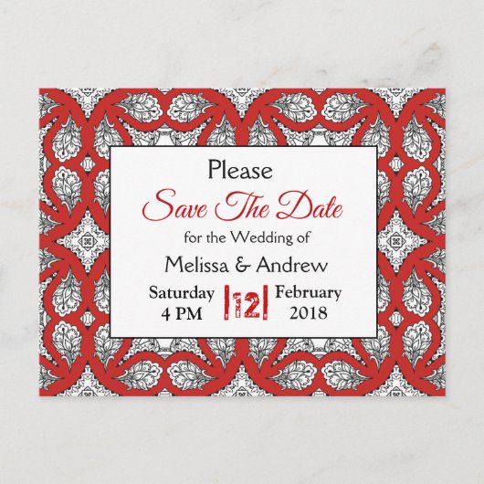 黒と赤のマンダラウェディング日付を保存 案内ポストカード (正面)