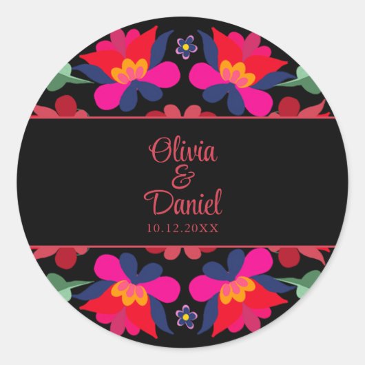 黒と赤のメキシコのフローラ結婚フィエスタ ラウンドシール (正面)