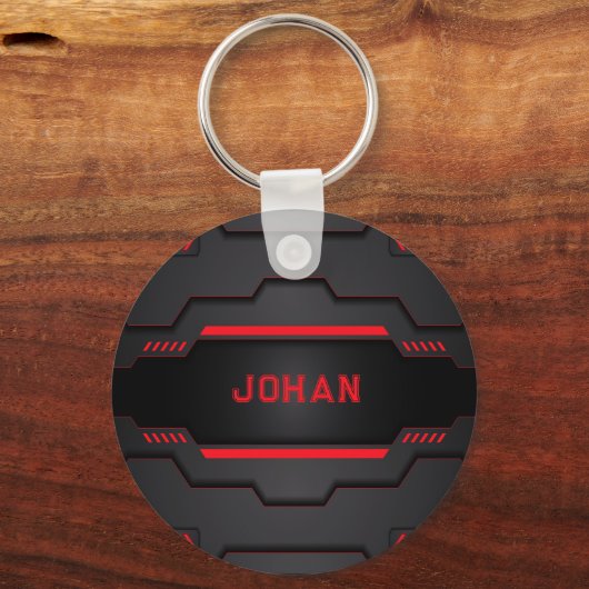 黒と赤のメタリック幾何デザイン キーホルダー (裏面)