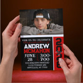 黒と赤のモダン卒業写真 招待状