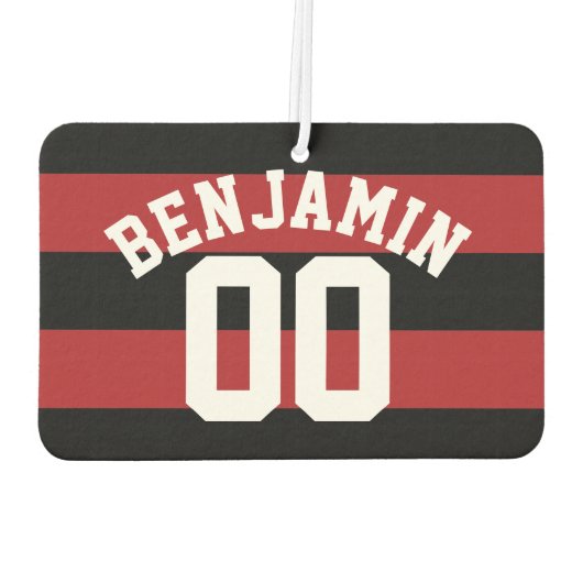 黒と赤のラグビーストライプズ名の番号 カーエアーフレッシュナー (裏面)