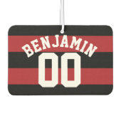 黒と赤のラグビーストライプズ名の番号 カーエアーフレッシュナー (正面)