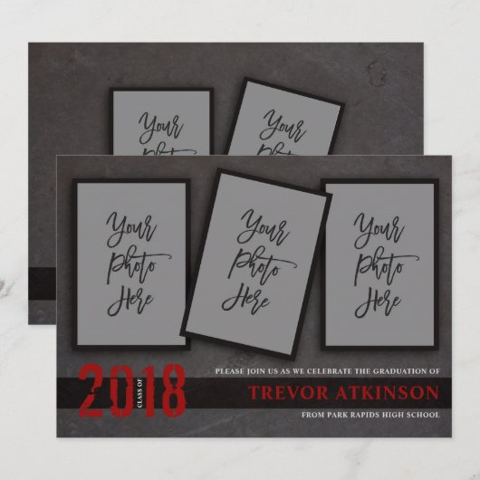 黒と赤の写真少年の卒業発表 招待状 (正面/裏面)