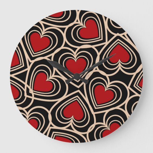 黒と赤の可愛いシンプルハート ラージ壁時計 (正面)