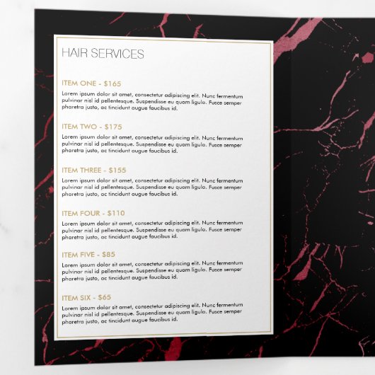 黒と赤の大理石サロンまたは製品パンフレット 三つ折りカード (内部最初)