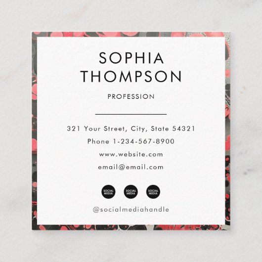 黒と赤の大理石抽象芸術QRコードソーシャルメディア スクエア名刺 (裏面)