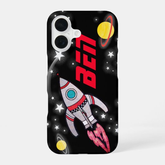 黒と赤の子供用宇宙船ロケット iPhone 16ケース (裏面)