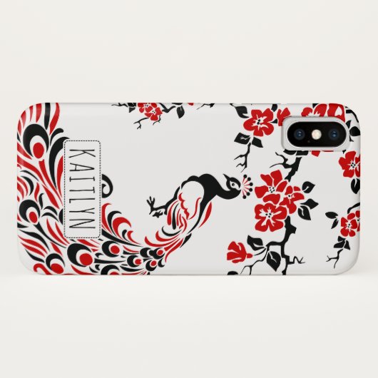 黒と赤の孔雀とさくらんぼの花アールヌーボー Case-Mate iPhoneケース (裏面(横))