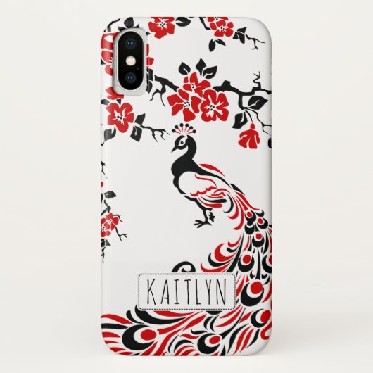 黒と赤の孔雀とさくらんぼの花アールヌーボー Case-Mate iPhoneケース (裏面)