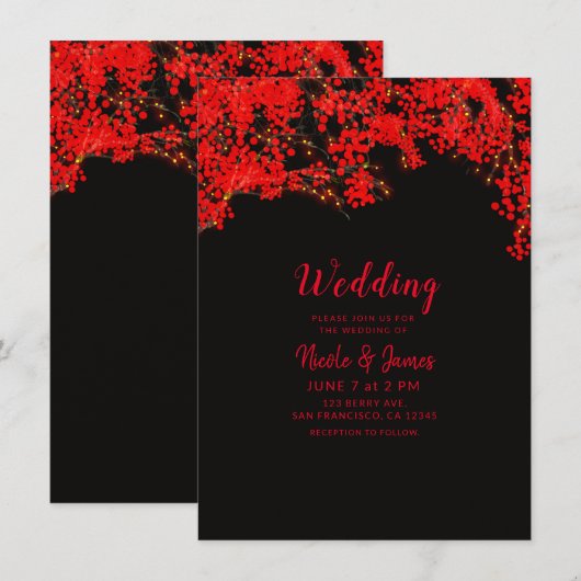 黒と赤の実の木の枝 ウェディング 招待状 (正面/裏面)