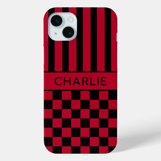 黒と赤の市松模様とストライプのオーダーメイドケース Case-Mate iPhoneケース (裏面)