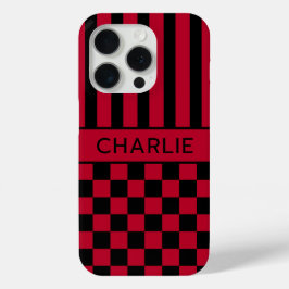 黒と赤の市松模様のストライプ オーダーメイド iPhone 15 PROケース