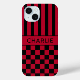 黒と赤の市松模様のストライプ オーダーメイド iPhone 15ケース