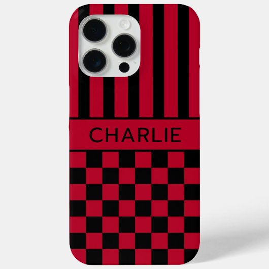 黒と赤の市松模様のストライプ オーダーメイド Case-Mate iPhoneケース (裏面)
