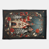 黒と赤の抽象芸術モダンクリスマスデザイン キッチンタオル (横)