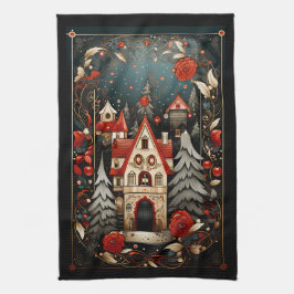 黒と赤の抽象芸術モダンクリスマスデザイン キッチンタオル