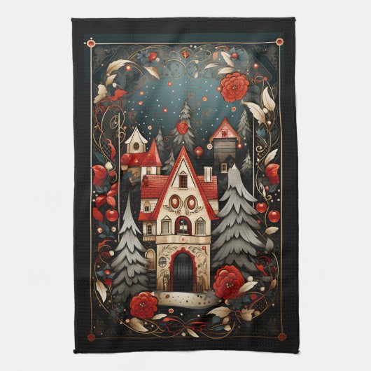 黒と赤の抽象芸術モダンクリスマスデザイン キッチンタオル (縦)