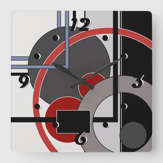 黒と赤の抽象芸術絵画の幾何学的 スクエア壁時計 (正面)