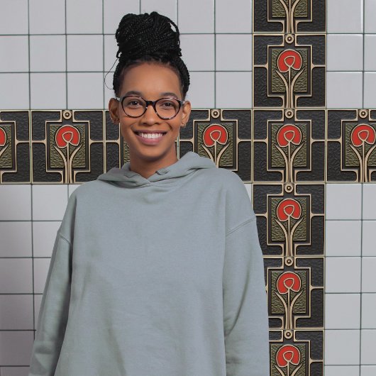 黒と赤の抽象芸術花ミッドセンチュリー タイル