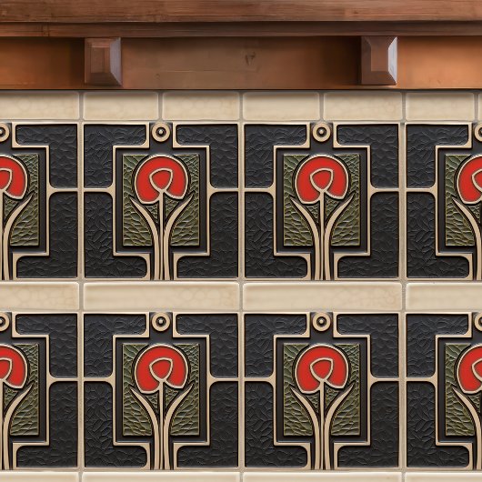 黒と赤の抽象芸術花ミッドセンチュリー タイル