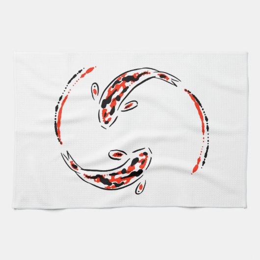 黒と赤の日本のコイの芸術的魚 キッチンタオル (横)