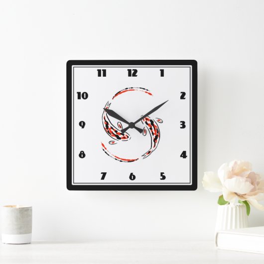 黒と赤の日本のコイの芸術的魚 スクエア壁時計 (ホーム)