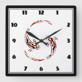 黒と赤の日本のコイの芸術的魚 スクエア壁時計 (正面)