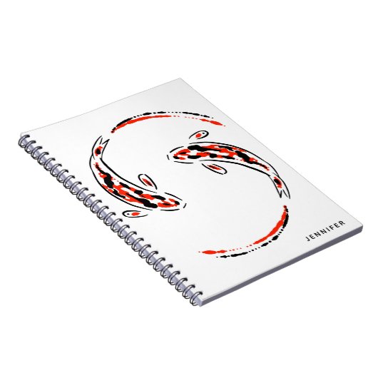 黒と赤の日本のコイの芸術的魚 ノートブック (右側)