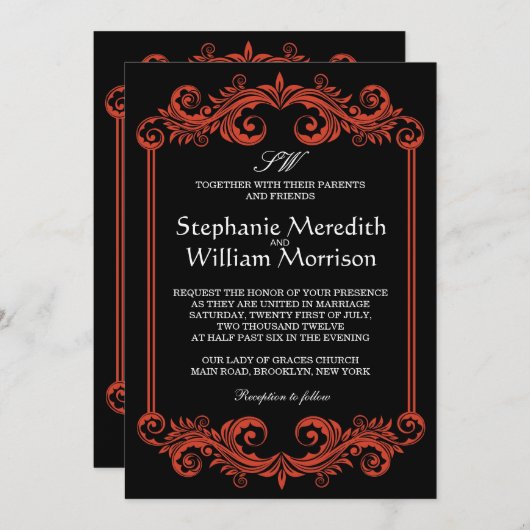 黒と赤の渦巻き結婚式招待状 招待状 (正面/裏面)