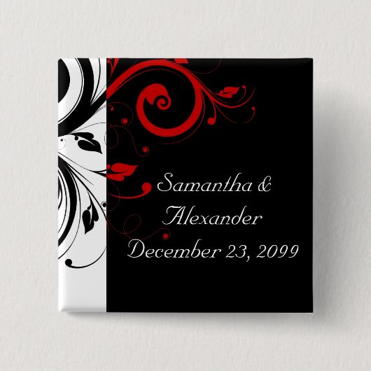 黒と赤の渦巻形のつる植物 缶バッジ (正面)