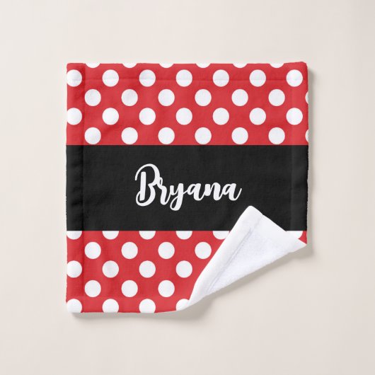 黒と赤の白の水玉模様 パーソナライズされた バスタオルセット (ウォッシュタオル)