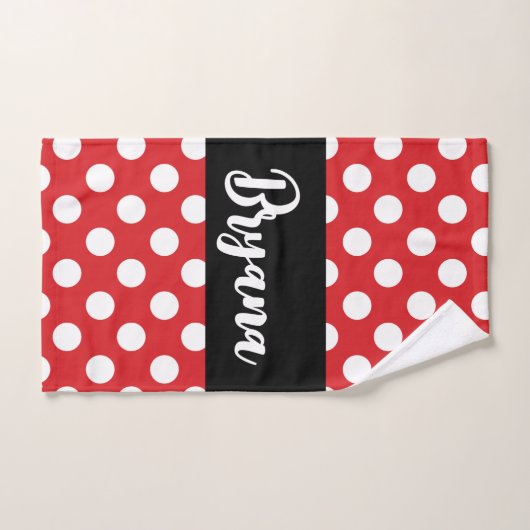 黒と赤の白の水玉模様 パーソナライズされた バスタオルセット (ハンドタオル)
