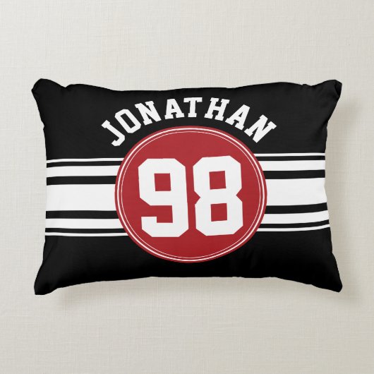 黒と赤の自動レースストライプの名前番号 アクセントクッション (正面)