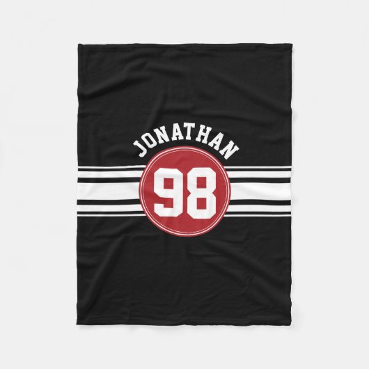 黒と赤の自動レースストライプの名前番号 フリースブランケット (正面)