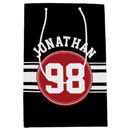 黒と赤の自動レースストライプの名前番号 ミディアムペーパーバッグ (正面)