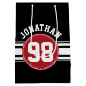 黒と赤の自動レースストライプの名前番号 ミディアムペーパーバッグ (裏面)