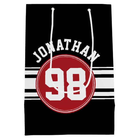 黒と赤の自動レースストライプの名前番号 ミディアムペーパーバッグ (裏面)