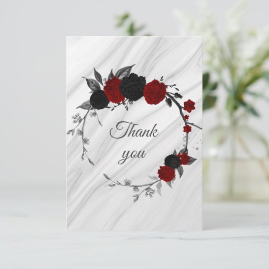 黒と赤の花の植物大理石 サンキューカード (スタンド正面)