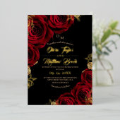 黒と赤の花 ゴールド箔 結婚式 箔招待状 (立ち正面)