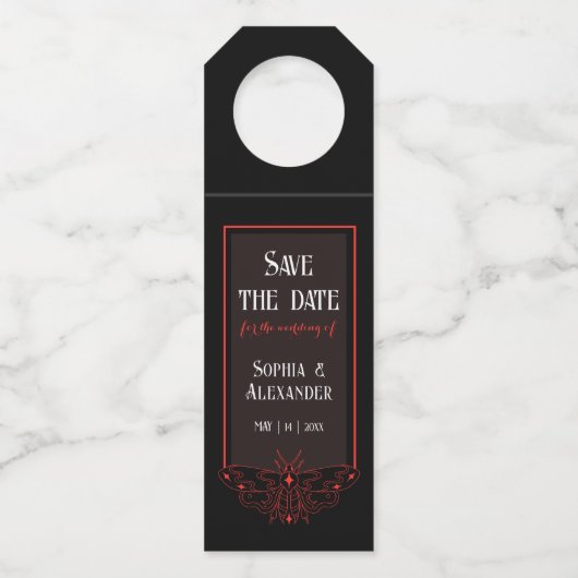 黒と赤の蝶ゴシック日付を保存 ボトルネックタグ (正面)