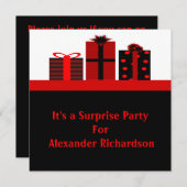 黒と赤の贈り物の誕生日パーティー 招待状 (正面/裏面)