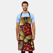 黒と赤の金ゴールドグリッター蝶カスタム エプロン (着用した状態)