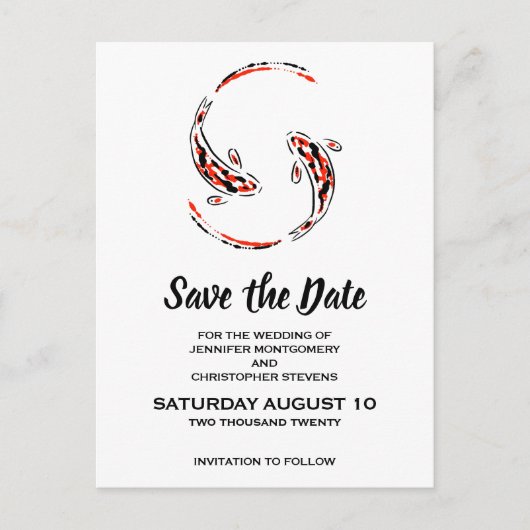 黒と赤アジアのコイ魚の結婚式の日付を保存 インビテーションポストカード (正面)