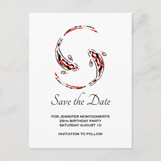 黒と赤アジアのコイ魚の誕生日日付を保存 インビテーションポストカード (正面)