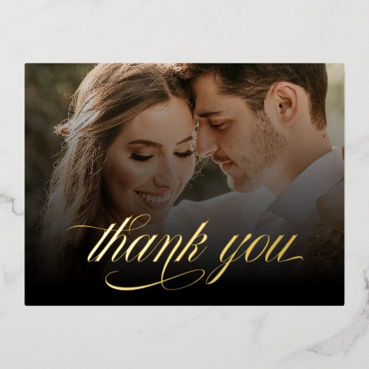 黒と輝く書道ありがとう結婚カード 箔招待状ポストカード (正面)