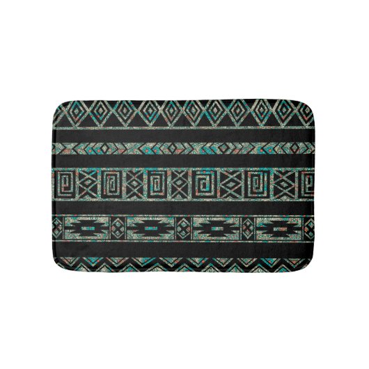 黒と部族カラフルの幾何学的パターン バスマット (正面)